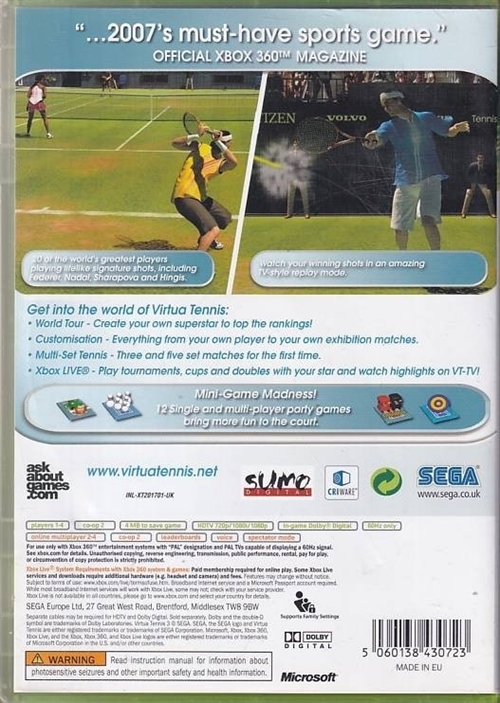 Virtua Tennis 3 - XBOX 360 (B Grade) (Genbrug)